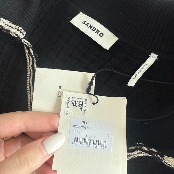 NWT Sandro Andina Cropped Cardigan Sweater Black Waffle Knit Embroidered Striped - Picture 3 of 9